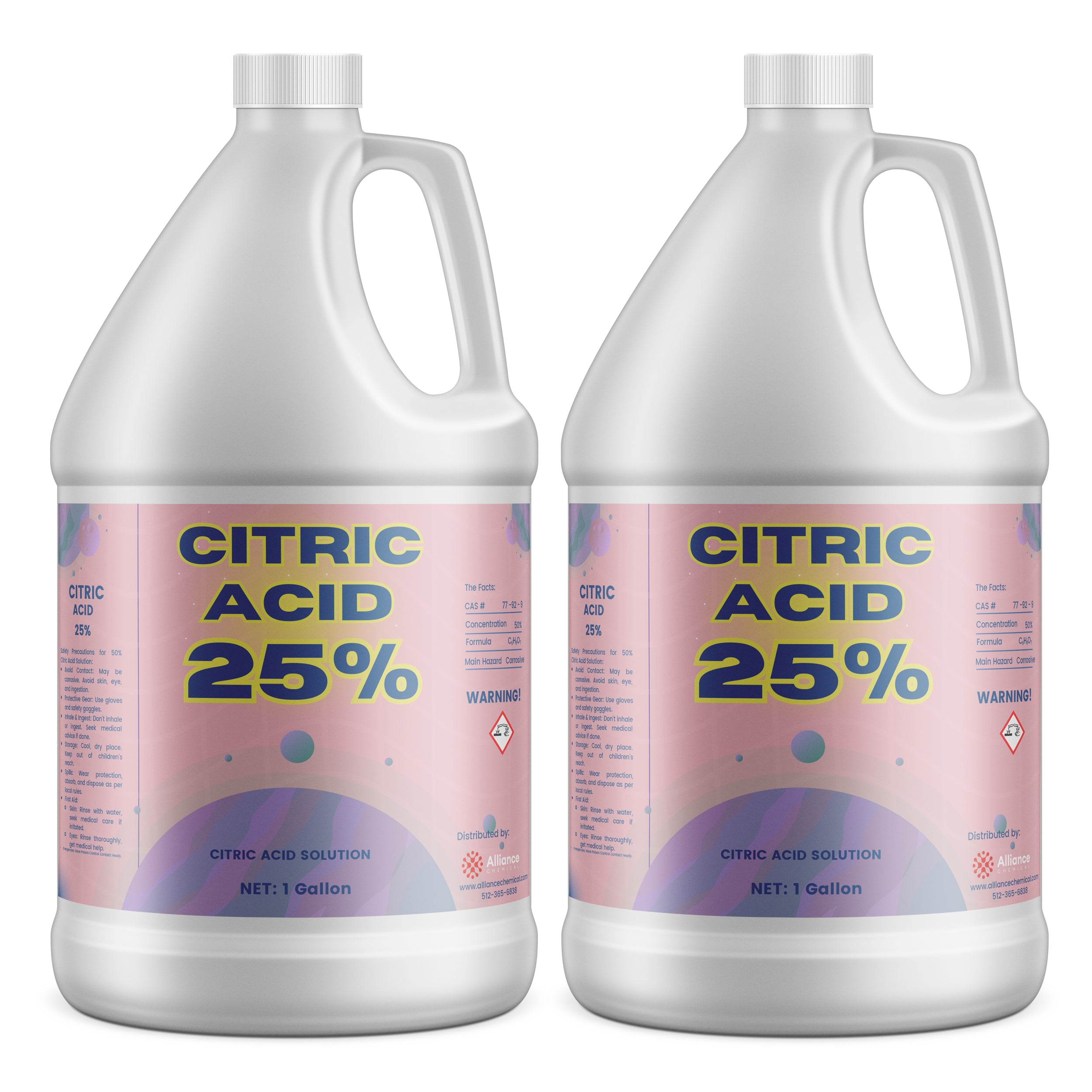 1-gallon HDPE jugs of 25% Citric Acid solution with hazard warning symbol, holographic label design, and ribbed safety cap - industrial grade.
